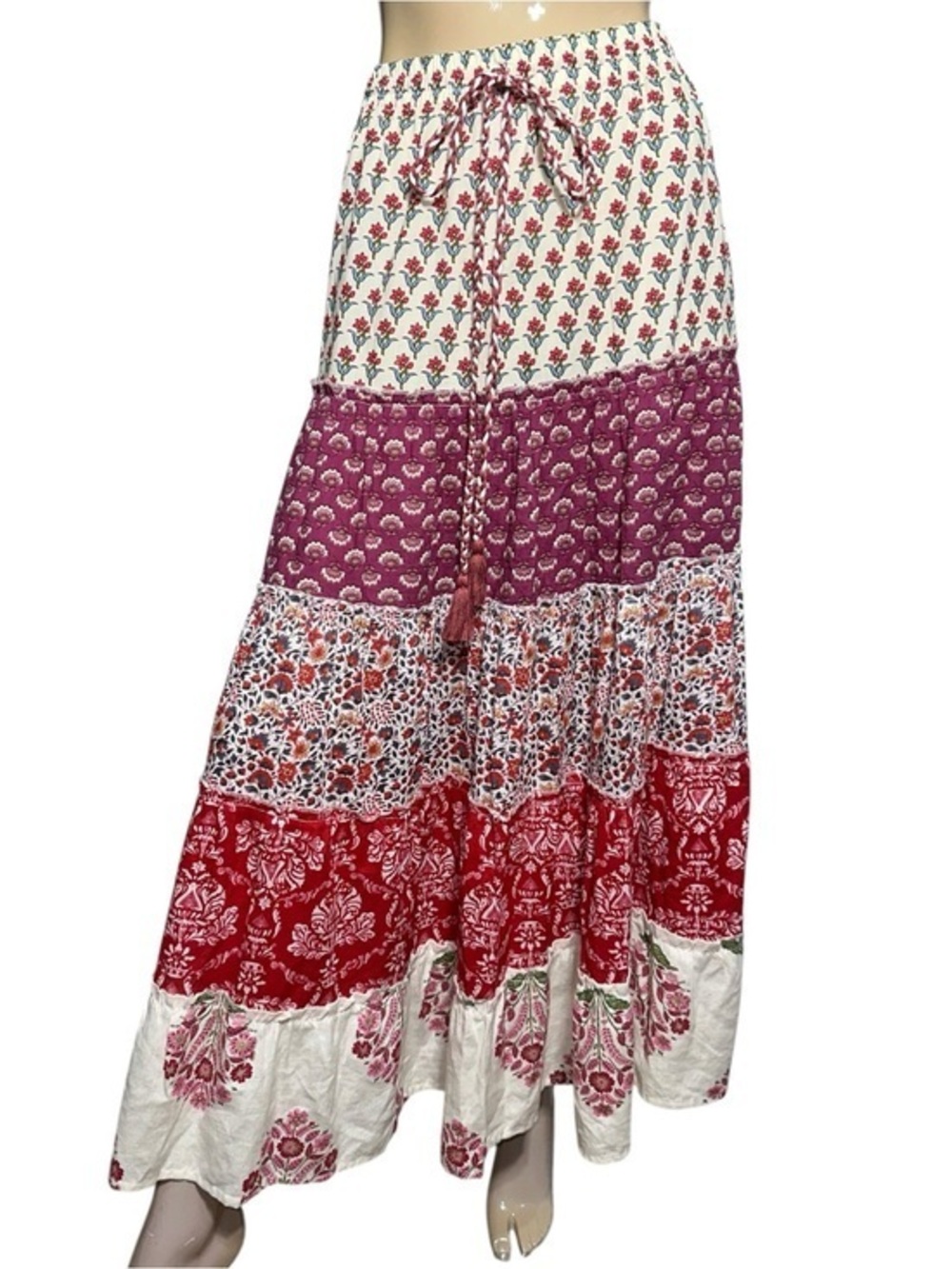 Luna Llena Women’s Size XS Red Cream Paisley Bohemian Tiered Maxi Skirt